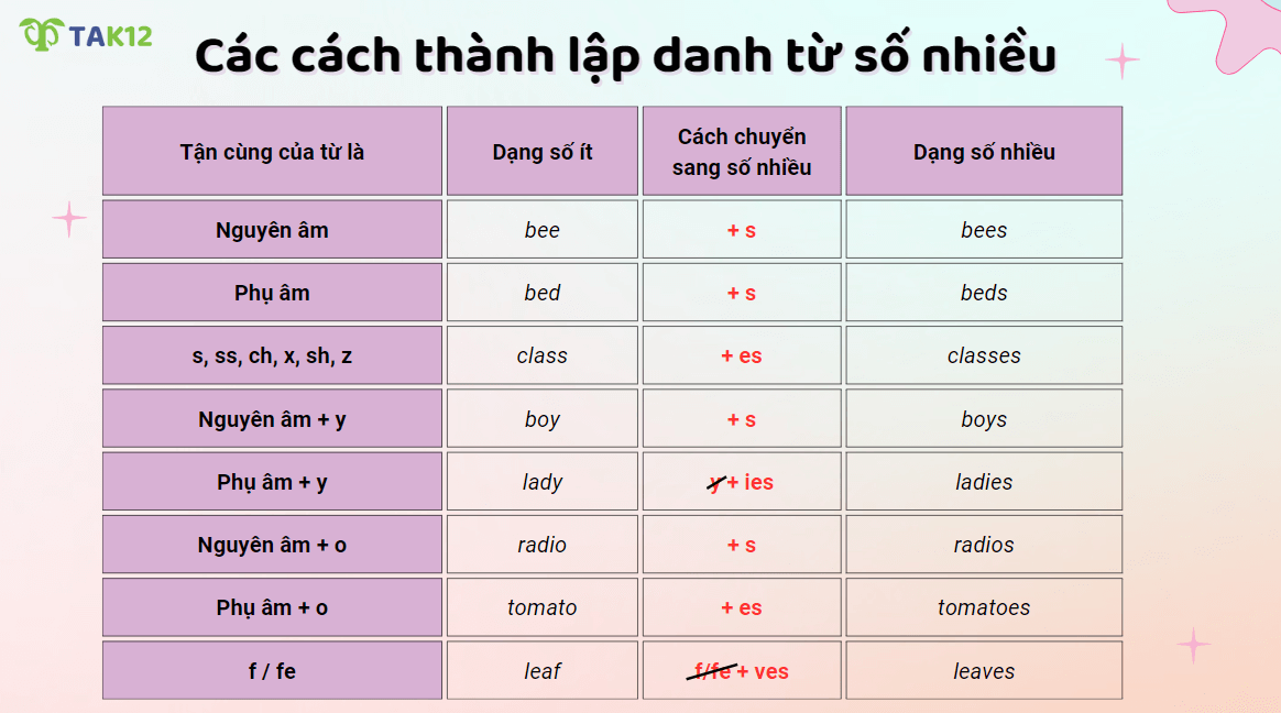 Các cách thành lập danh từ đếm được số nhiều