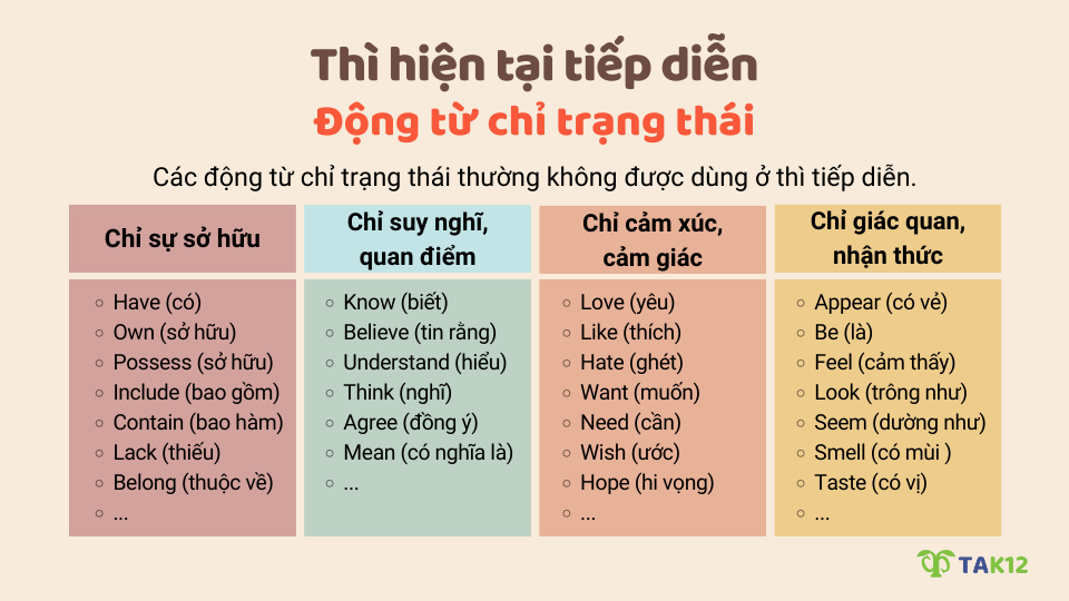 Các động từ không chia ở thì hiện tại tiếp diễn