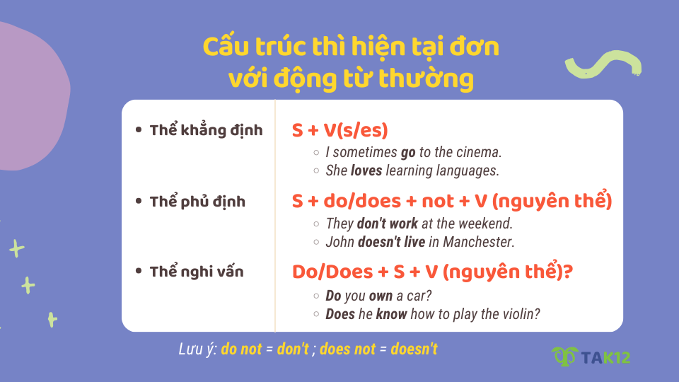 Cấu trúc thì hiện tại đơn với động từ thường