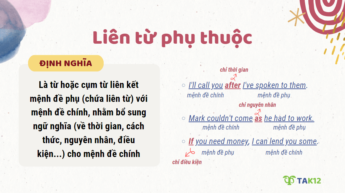 Định nghĩa liên từ phụ thuộc