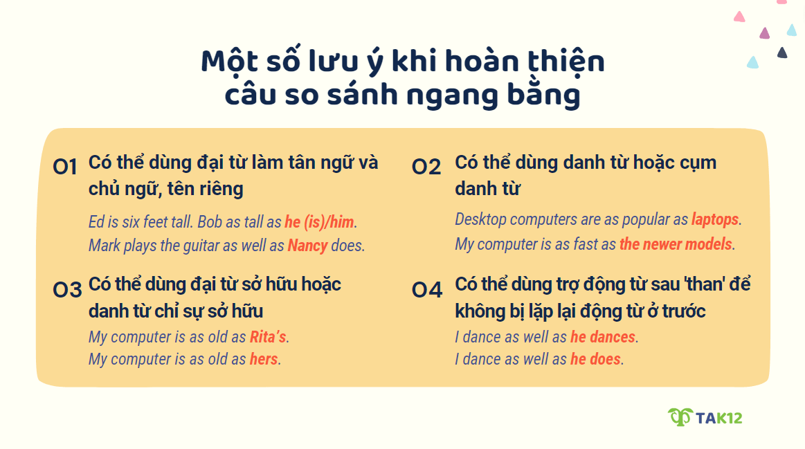 Một số lưu ý khi hoàn thiện câu so sánh ngang bằng