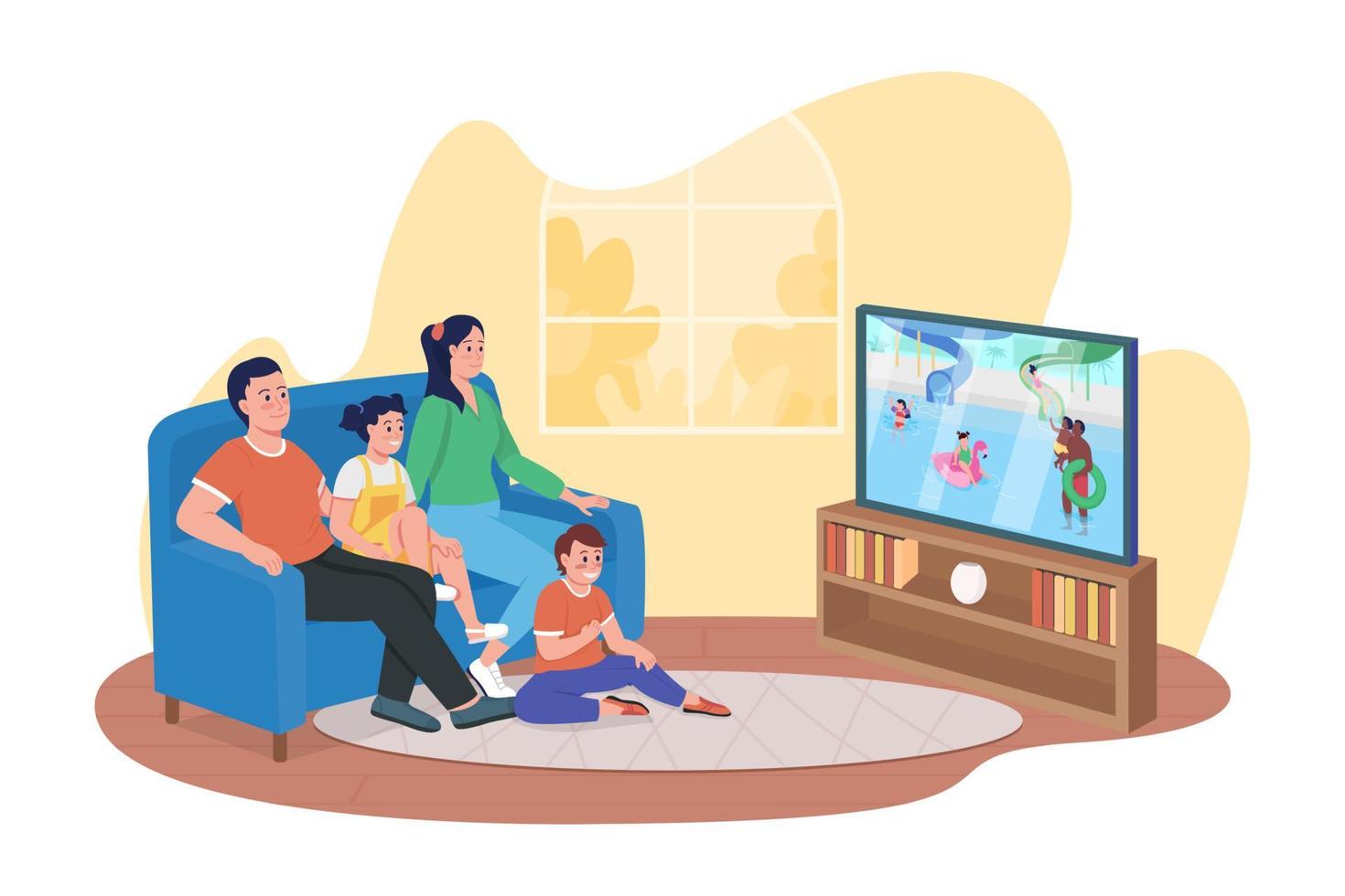Watching entertainment program 2D vector isolated illustration. Smiling  family members sitting on couch flat characters on cartoon background.  Spending time together at home colourful scene 4560652 Vector Art at  Vecteezy