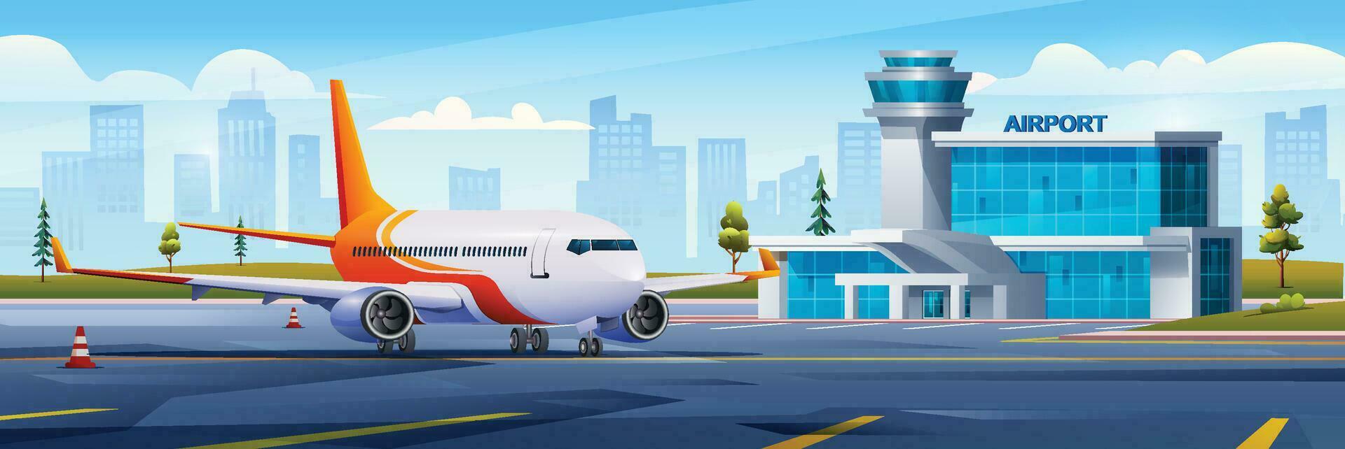 International airport building with airplane on cityscape background vector  cartoon illustration 36372456 Vector Art at Vecteezy