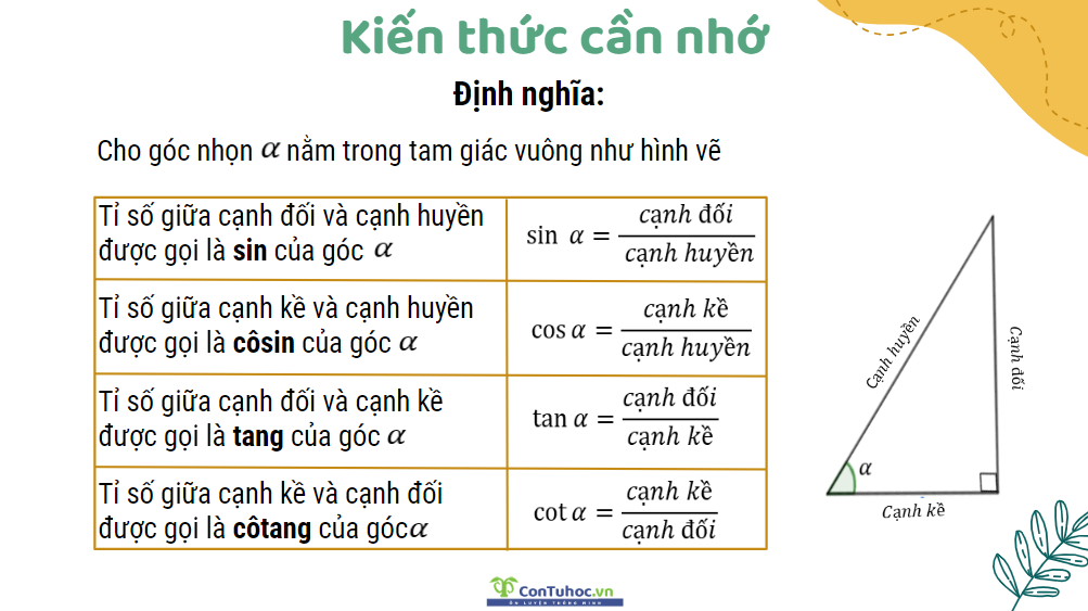 Định nghĩa tỉ số lượng giác của góc nhọn