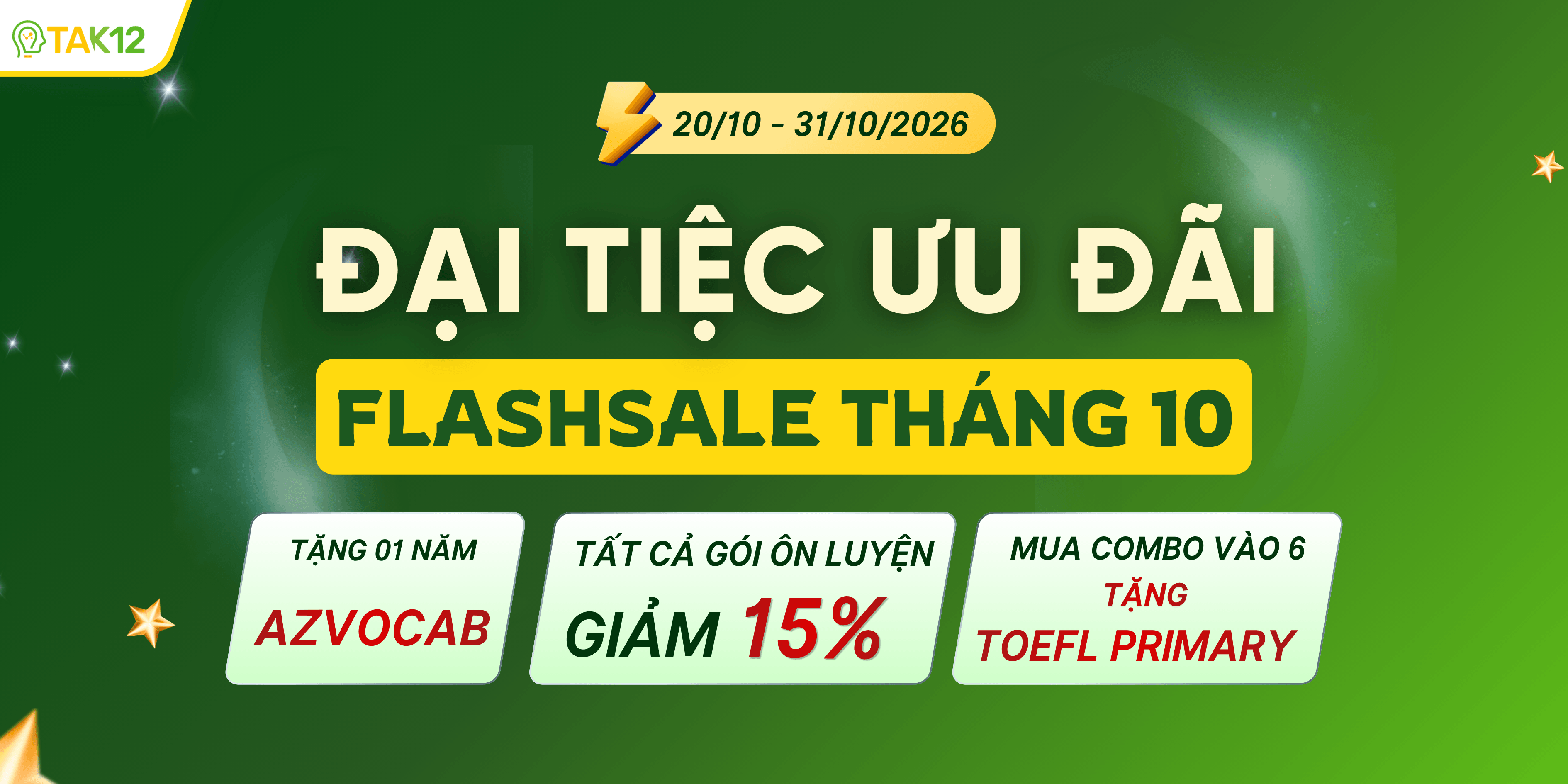 Flash Sale tháng 10 TAK12 - Giảm 15% mọi gói ôn luyện, tặng 01 năm azVocab PRO