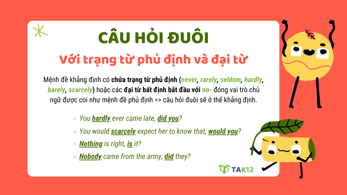 Câu hỏi đuôi với trạng từ phủ định và đại từ