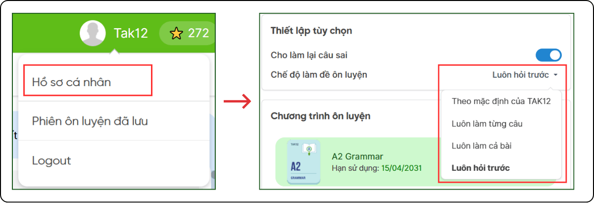 cách chỉnh chế độ làm đề