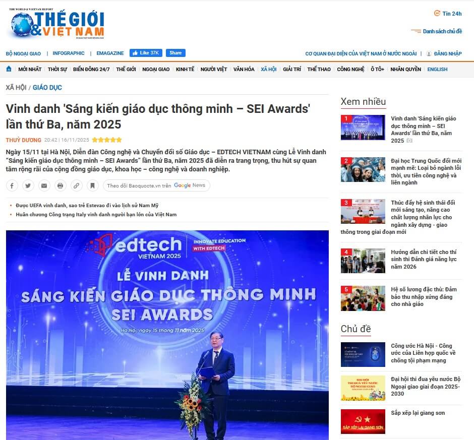 Lễ Vinh danh Sáng kiến Giáo dục Thông minh SEI Awards 2025 trên Báo Thế giới & Việt Nam