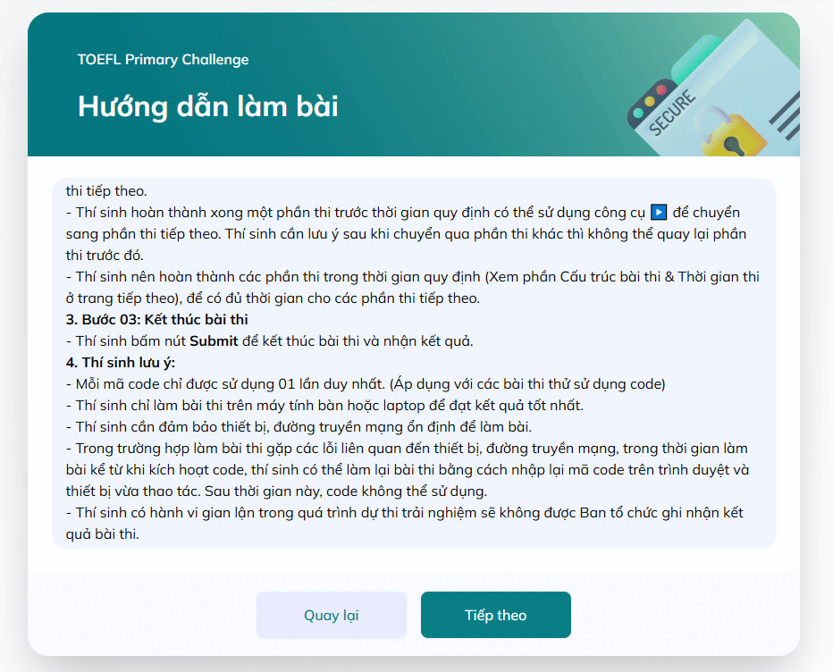 Những quy định và lưu ý trước khi bắt đầu làm bài thi TOEFL Primary