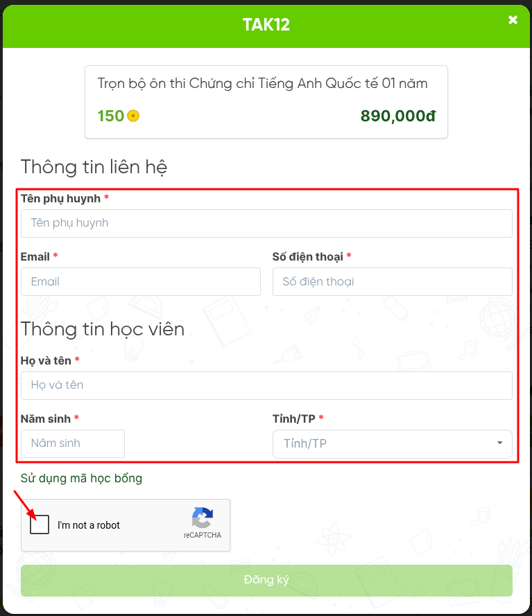 Điền thông tin mua gói TAK12