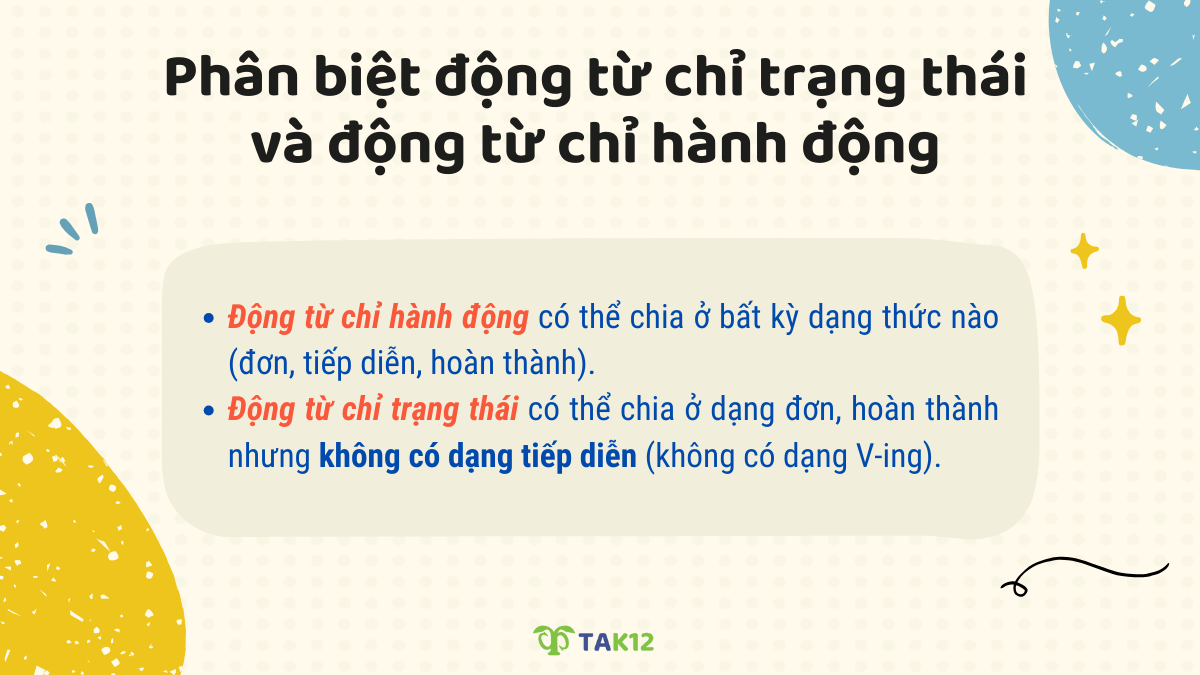 Phân biệt động từ chỉ hành động và động từ chỉ trạng thái