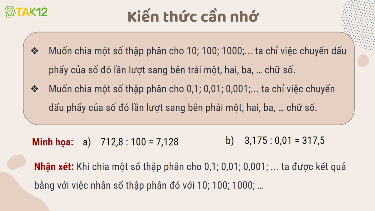 Quy tắc chia số thập phân cho 10; 100; 1000;... và 0,1; 0,01; 0,001;...