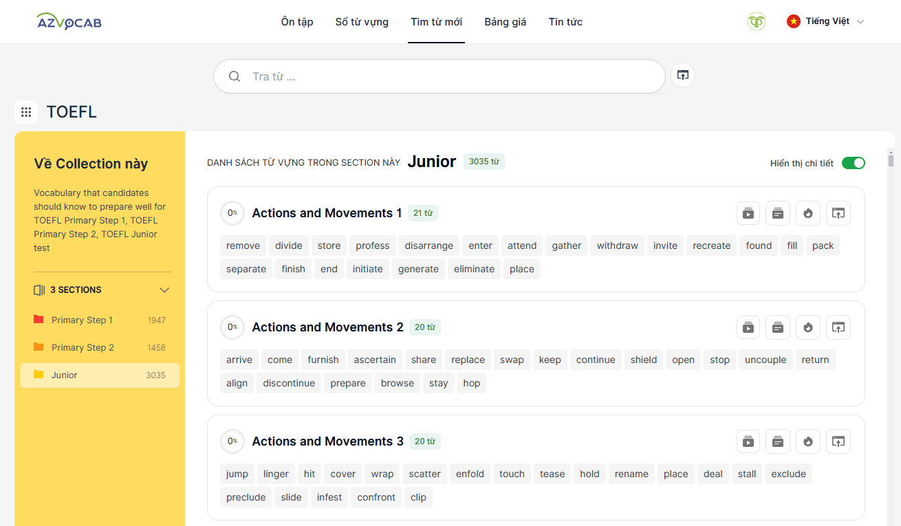 Các set từ vựng TOEFL Junior trên azVocab