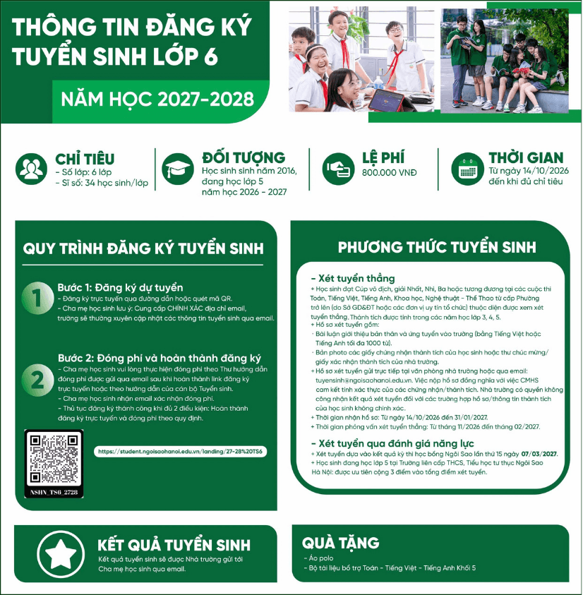 Thông tin tuyển sinh vào lớp 6 THCS Ngôi sao Hà Nội năm học 2027-2028