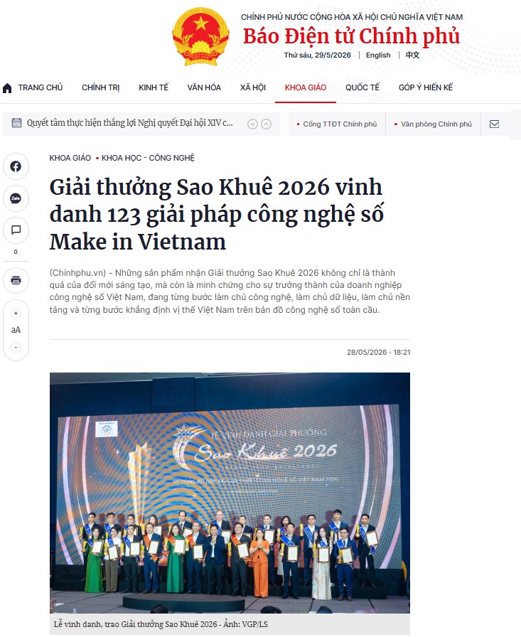 Lễ Vinh danh và Trao Giải thưởng Sao Khuê 2026 trên Báo điện tử Chính phủ