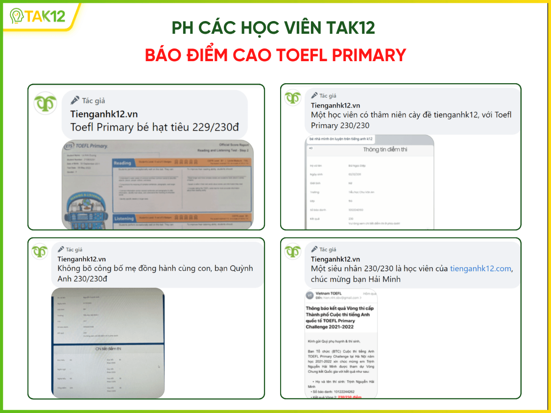 Phản hồi ôn thi Toefl Primary TAK12