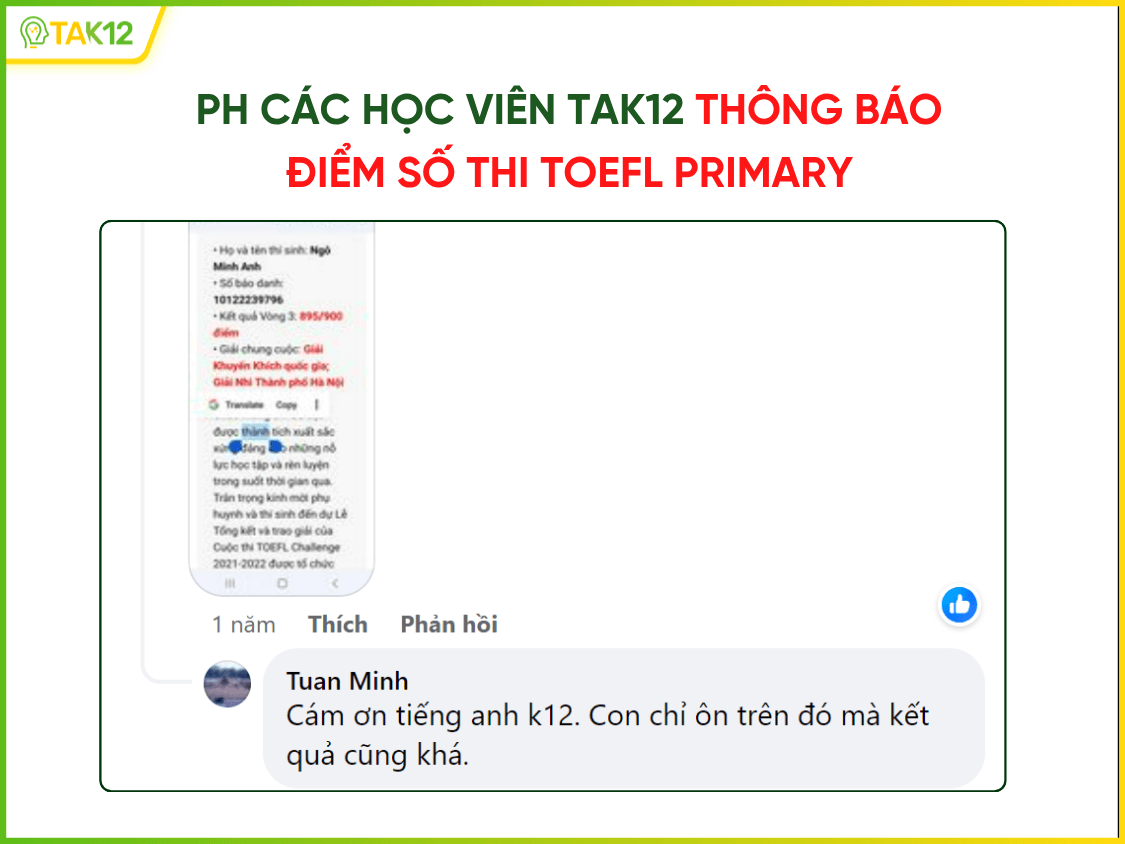 Phản hồi ôn thi Toefl Primary TAK12