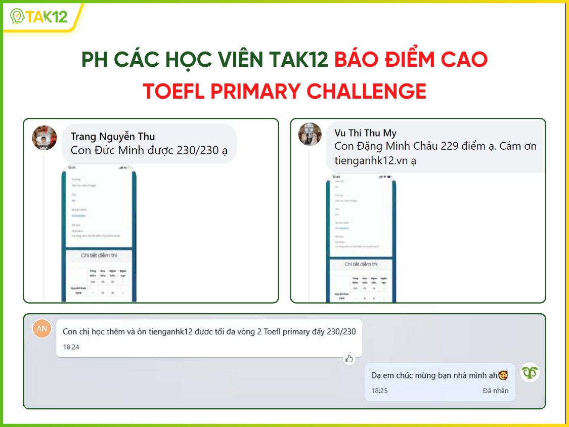 Phản hồi ôn thi Toefl Primary TAK12