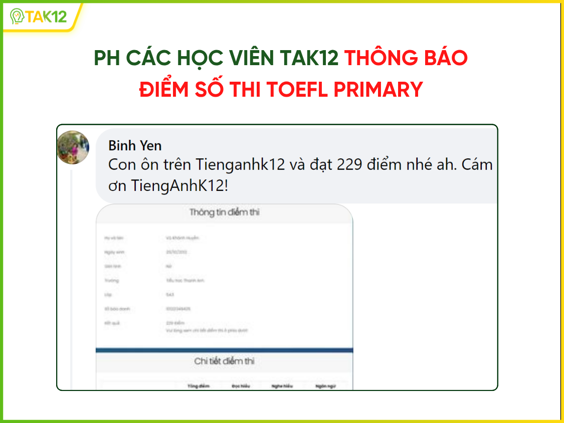 Phản hồi ôn thi Toefl Primary TAK12