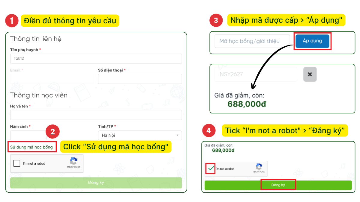 Hướng dẫn sử dụng mã học bổng khi đăng ký các gói luyện thi trên TAK12
