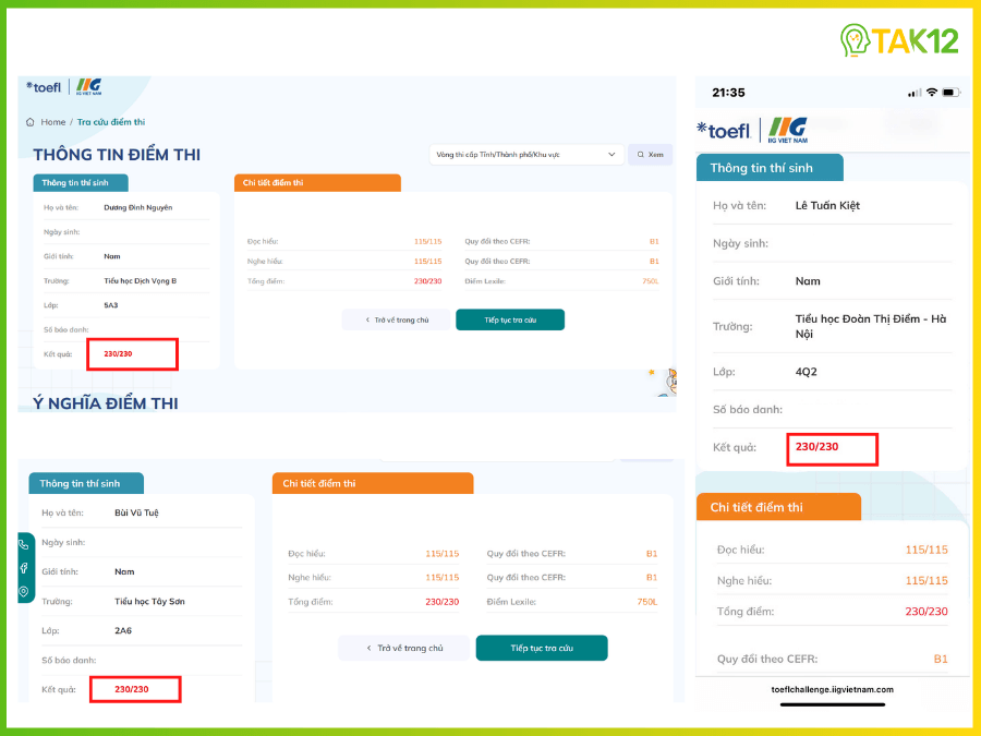 Phản hồi ôn thi Toefl Primary TAK12