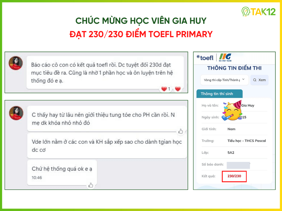 Phản hồi ôn thi Toefl Primary TAK12