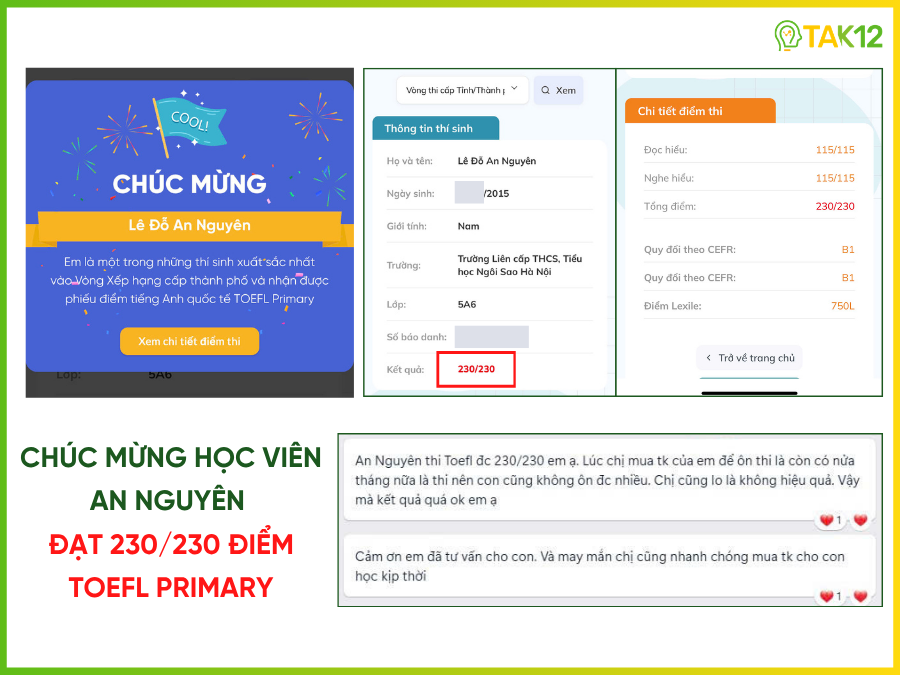 Phản hồi ôn thi Toefl Primary TAK12