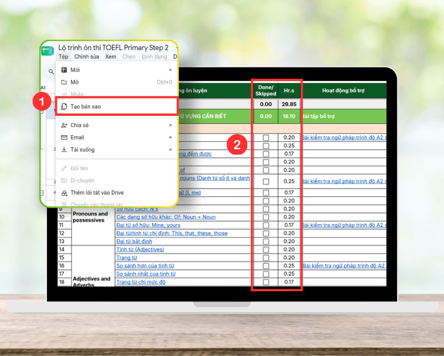 Spreadsheet Lộ trình ôn thi Toefl Primary
