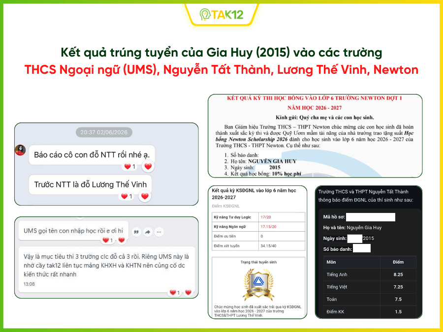 Kết quả trúng tuyển của Gia Huy trong kỳ thi tuyển sinh lớp 6 năm 2026