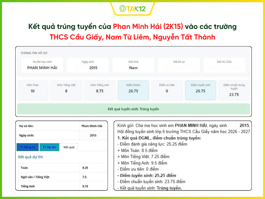 Kết quả trúng tuyển của Minh Hải trong kỳ thi tuyển sinh lớp 6 năm 2026